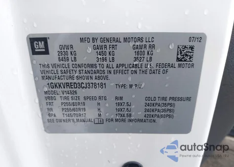 2012 GMC Acadia Slt-1 from USA, damaged, VIN 1GKKVRED3CJ378181